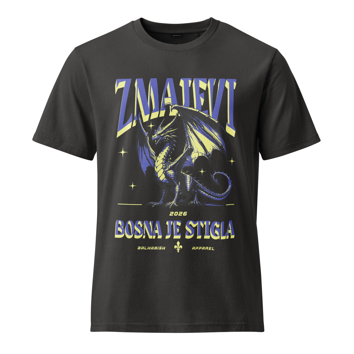 Black vintage-style Zmajevi Bosna Je Stigla t-shirt with dragon artwork inspired by Bosnian football culture