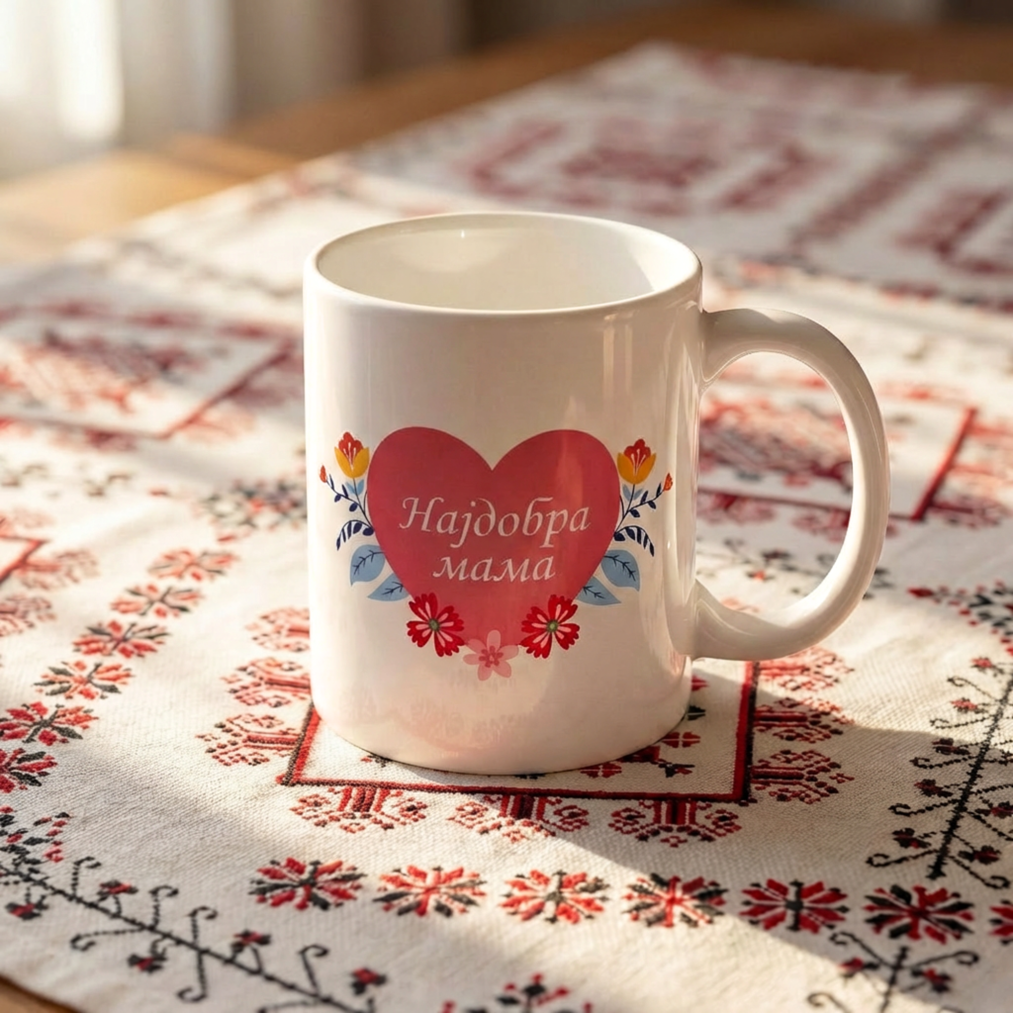 White mug with a heart and flowers reading “Најдобра мама.”