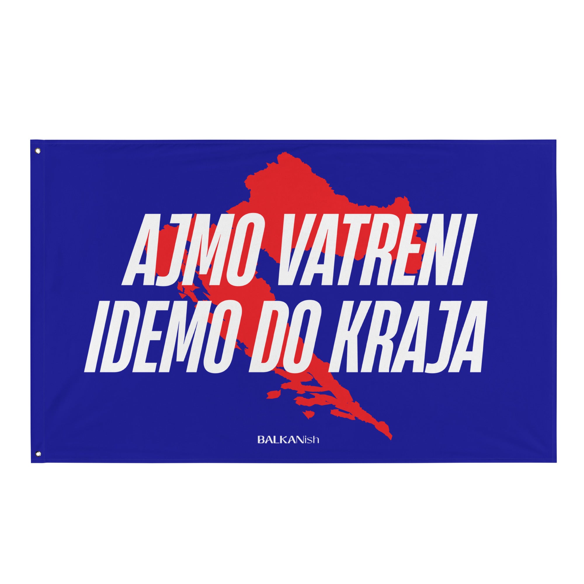 Blue Ajmo Vatreni Idemo Do Kraja Croatia-inspired flag with Croatia map background for Croatian football fans abroad