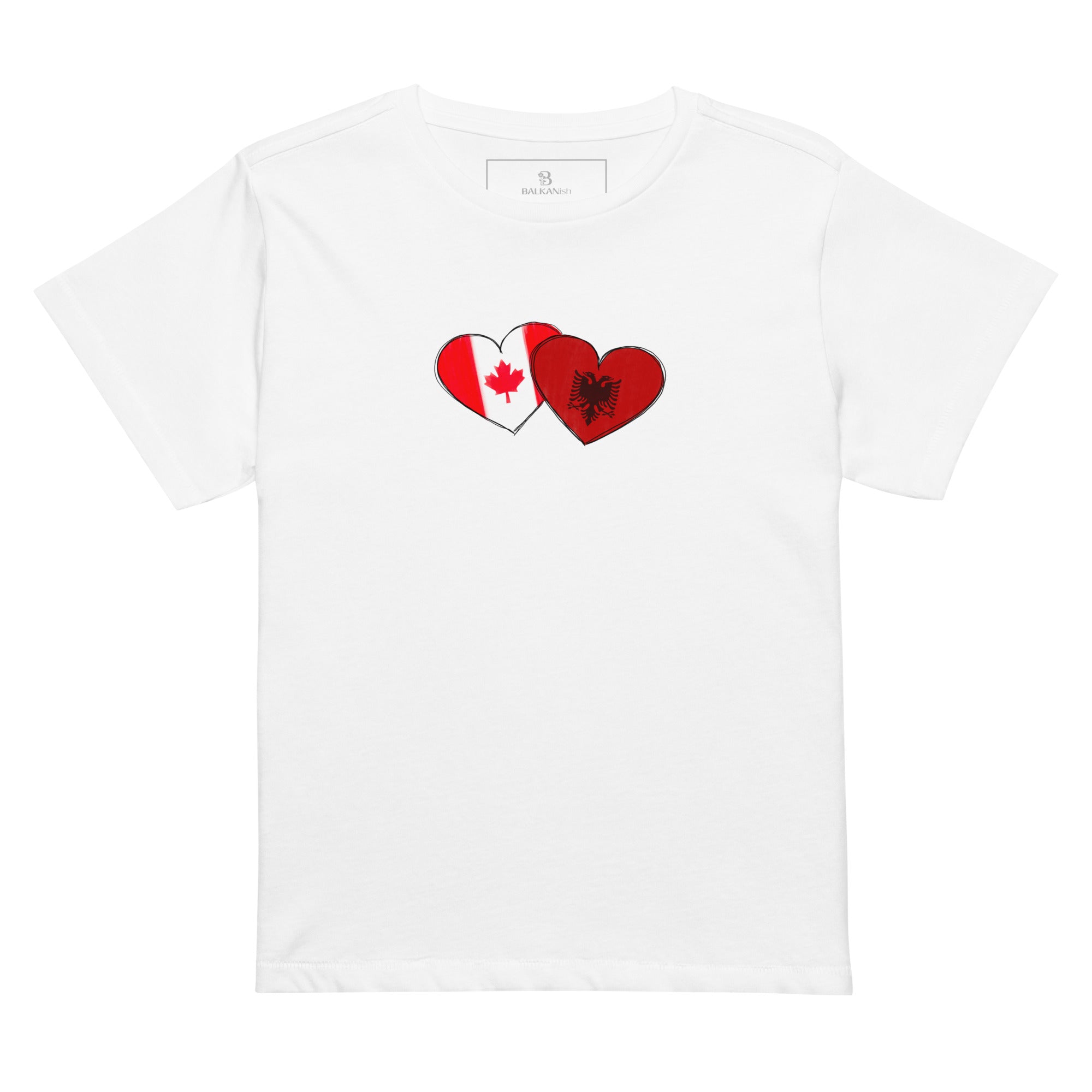 Woman wearing an Albania and Canada hearts high waisted t-shirt featuring hand-drawn watercolor flag hearts for the Albanian Canadian diaspora.