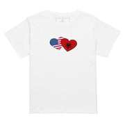 Woman wearing an Albania and USA hearts high waisted t-shirt featuring hand-drawn watercolor flag hearts for the Albanian American diaspora.