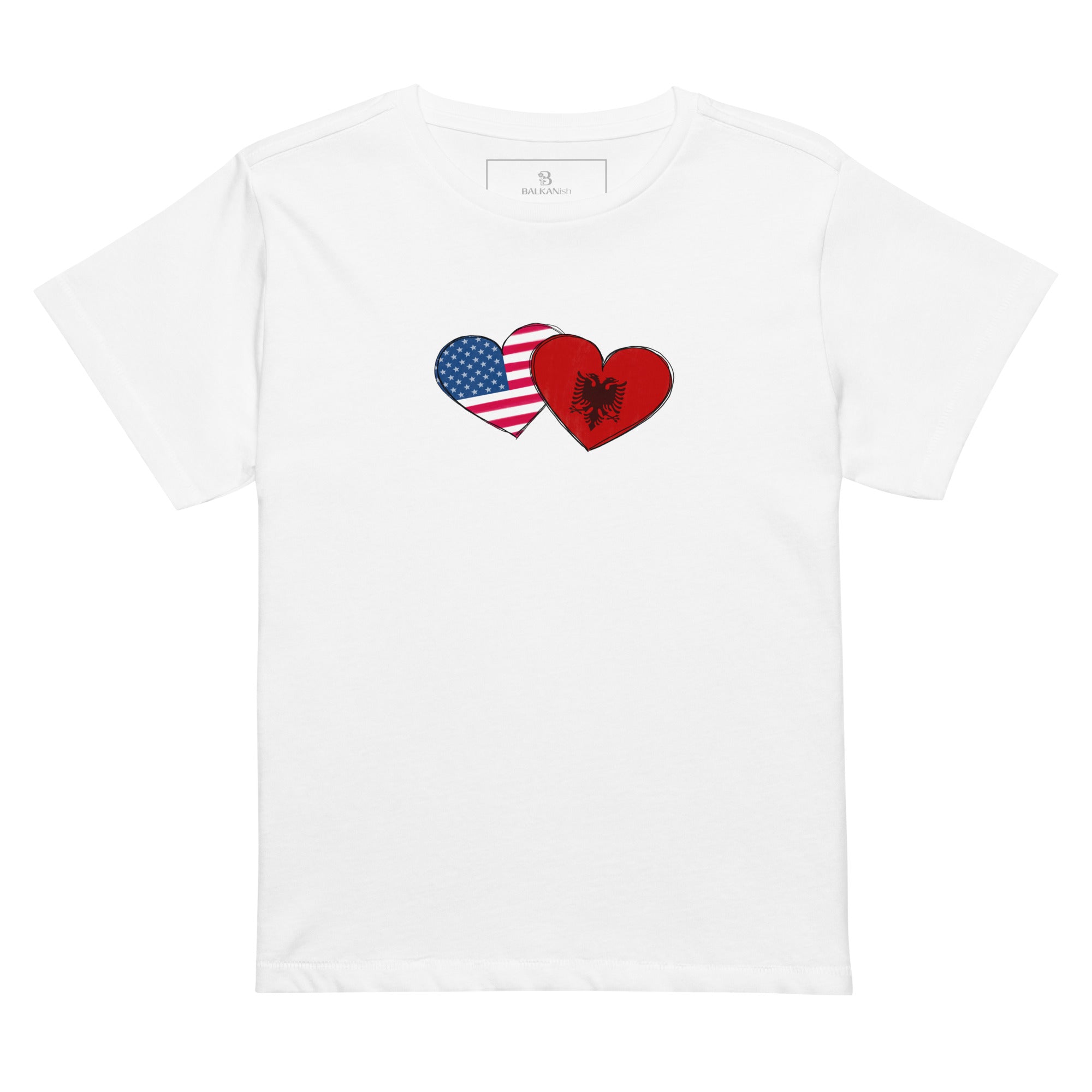 Woman wearing an Albania and USA hearts high waisted t-shirt featuring hand-drawn watercolor flag hearts for the Albanian American diaspora.