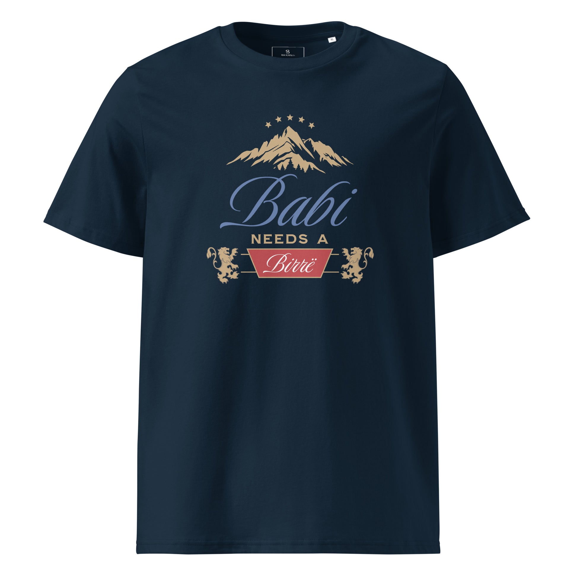 navy blue men's shirt with babi needs a birrë albanian dad beer design and mountain graphic