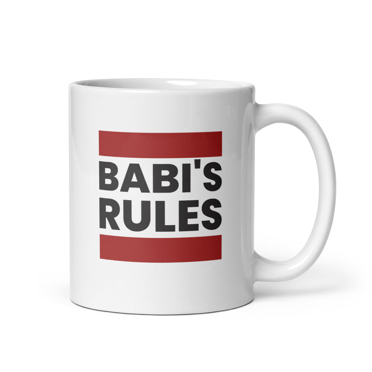 white mug with babi's rules text design in bold vintage lettering