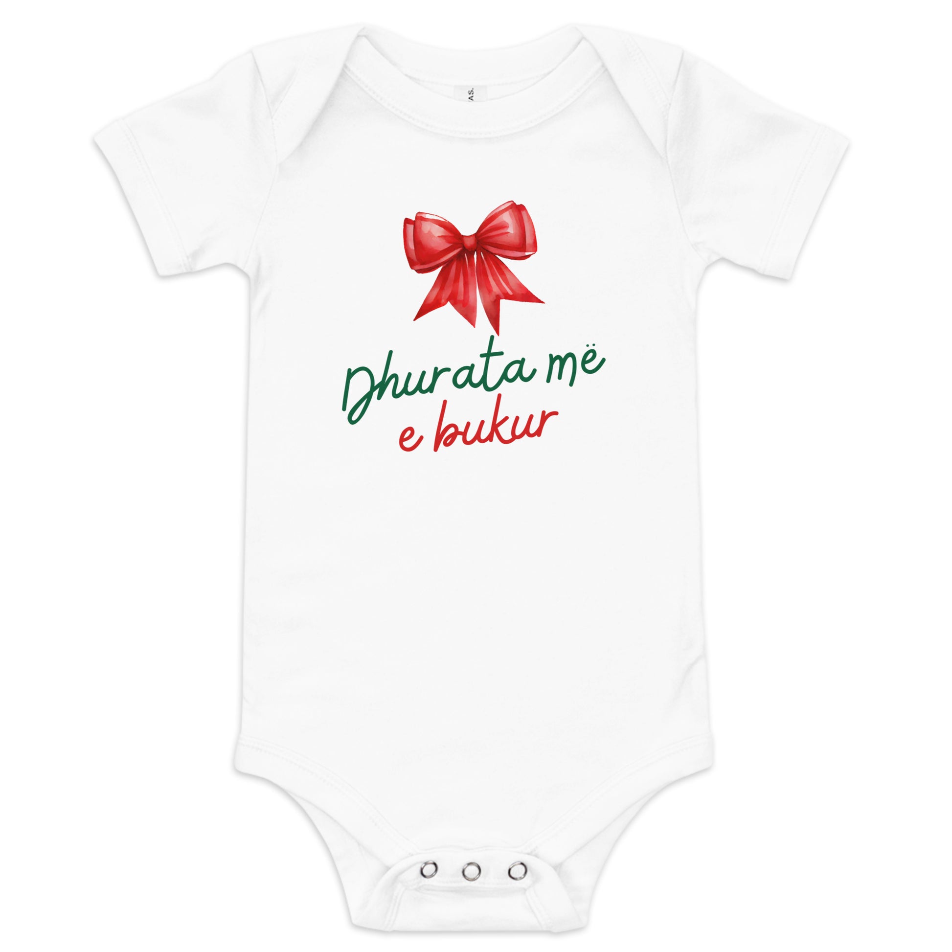 Albanian baby Christmas bodysuit with text Dhurata Më e Bukur and red bow – Balkanish design