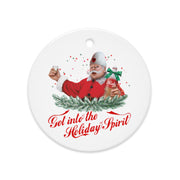Red Christmas ornament featuring Albanian Santa holding a bottle of raki — funny Balkan holiday design
