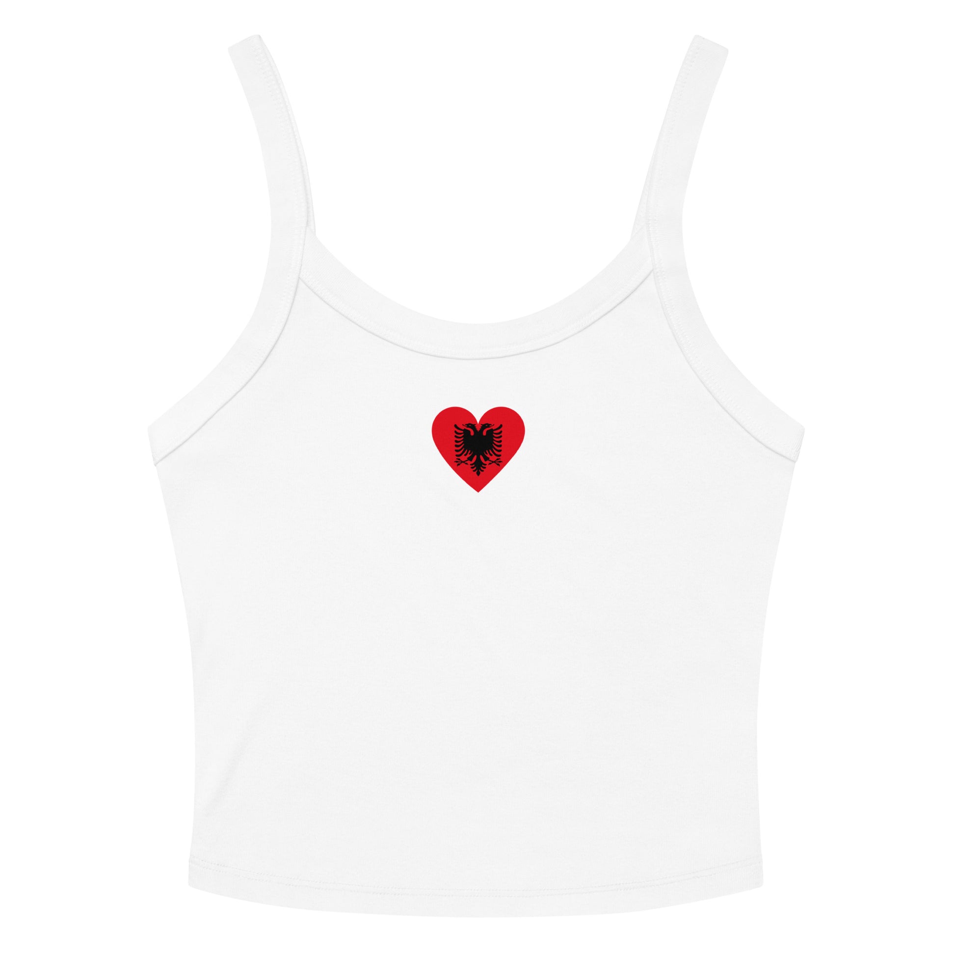 Women’s white crop tank top with a small Albanian flag heart design on the front