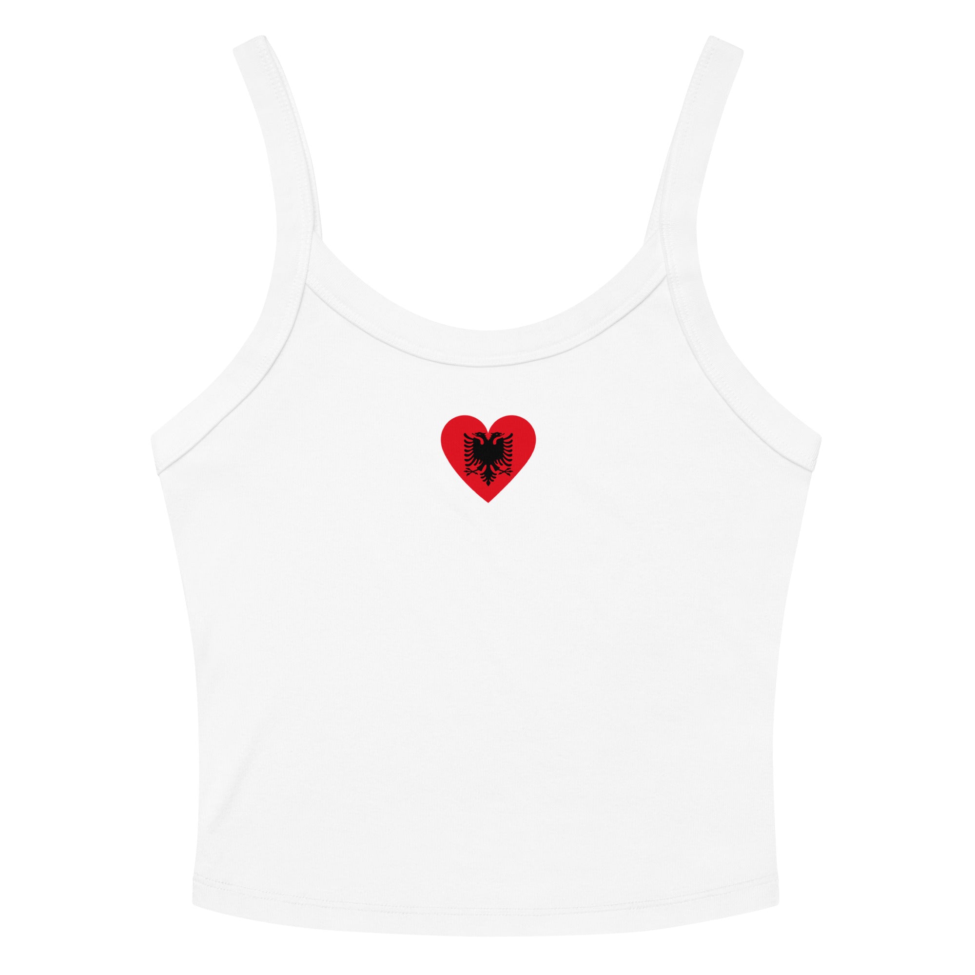 Women’s white crop tank top with a small Albanian flag heart design on the front