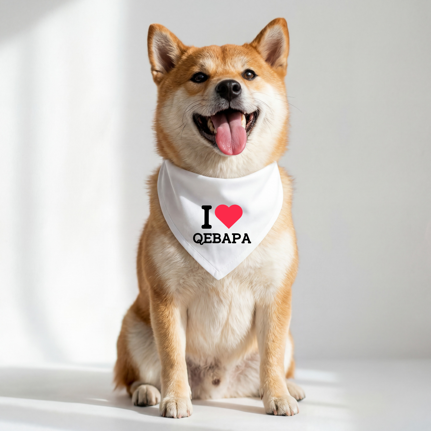 Dog wearing white bandana that says I love qebapa Albanian Balkan dog bandana