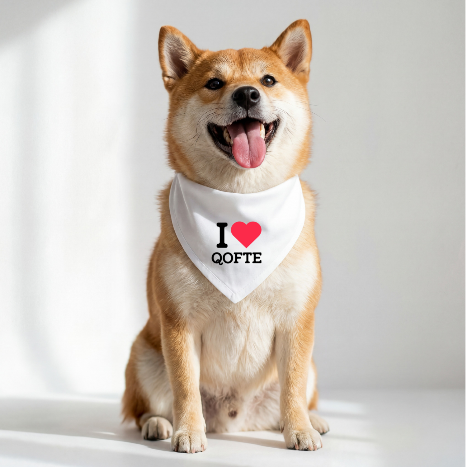 Dog wearing a bandana with 'I ❤️ QOFTE' text on a white background