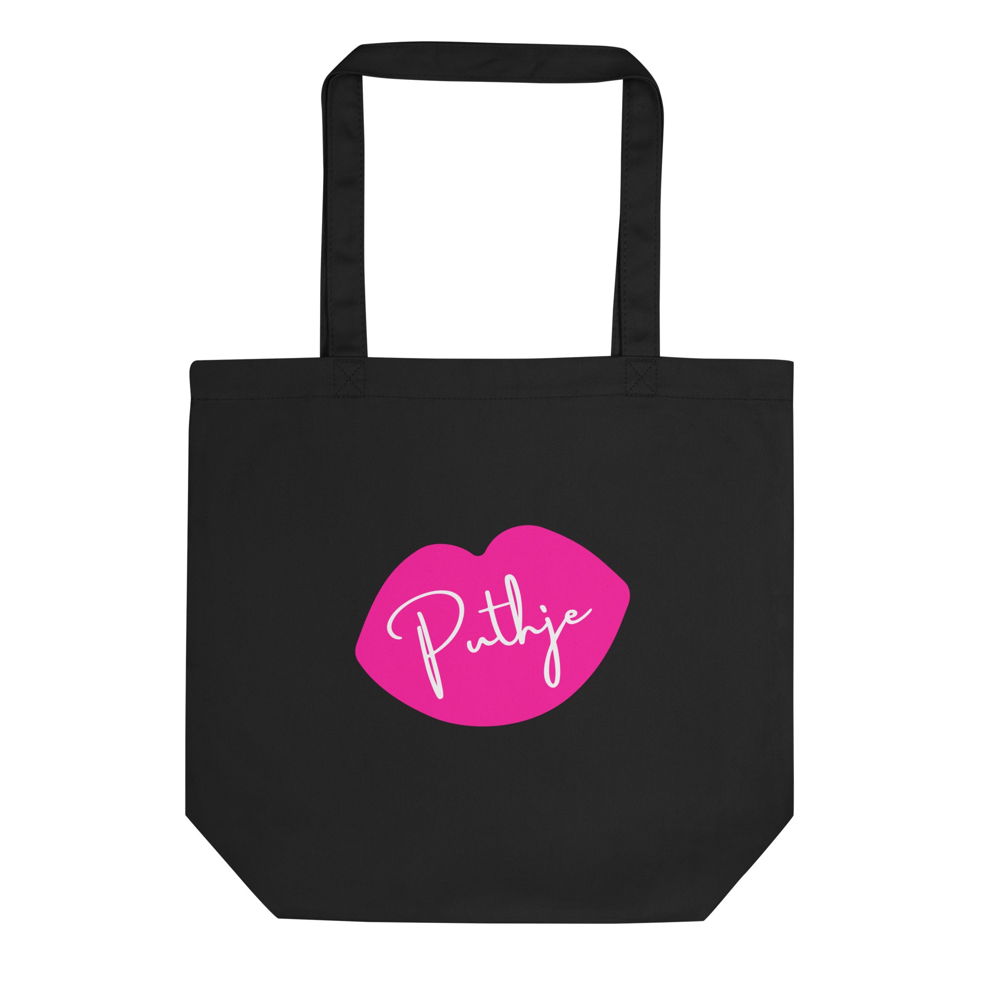 Black tote bag with pink lips graphic and the word “Puthje.”