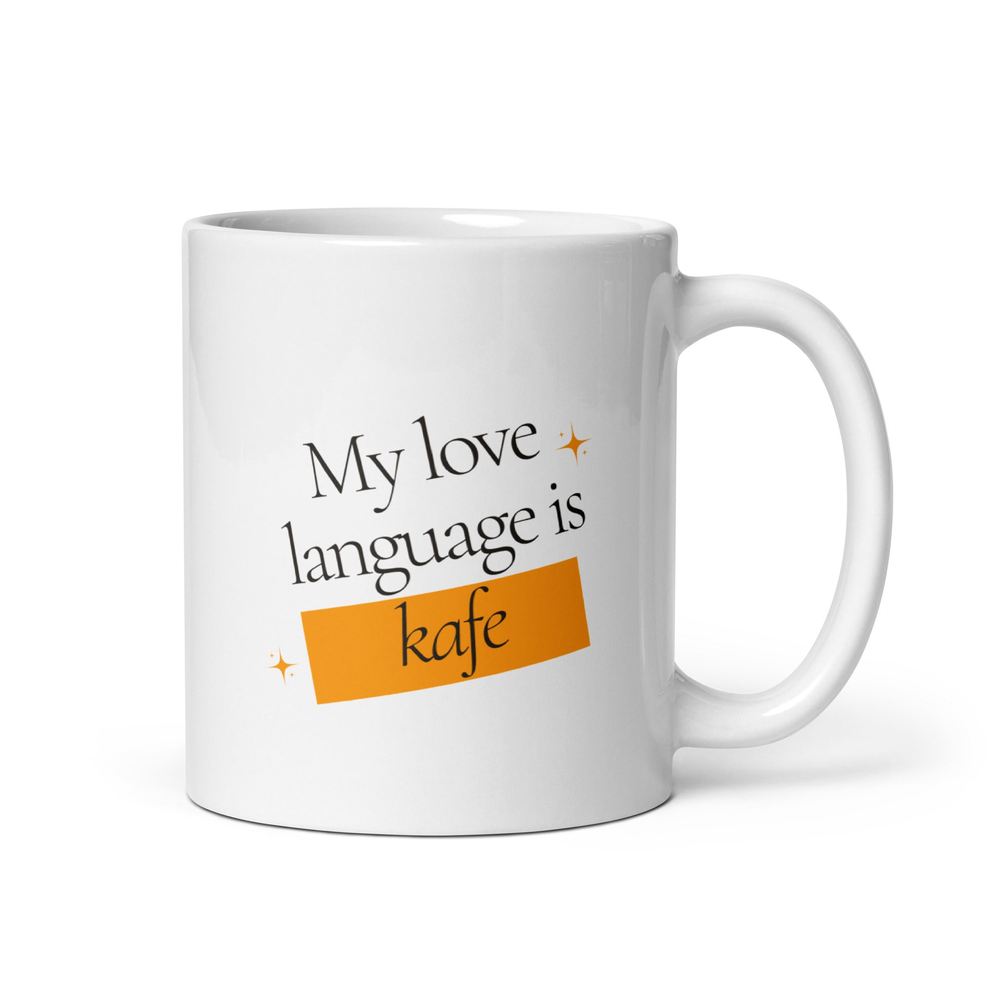 White mug with the phrase “My love language is kafe” in a modern design with orange accents.