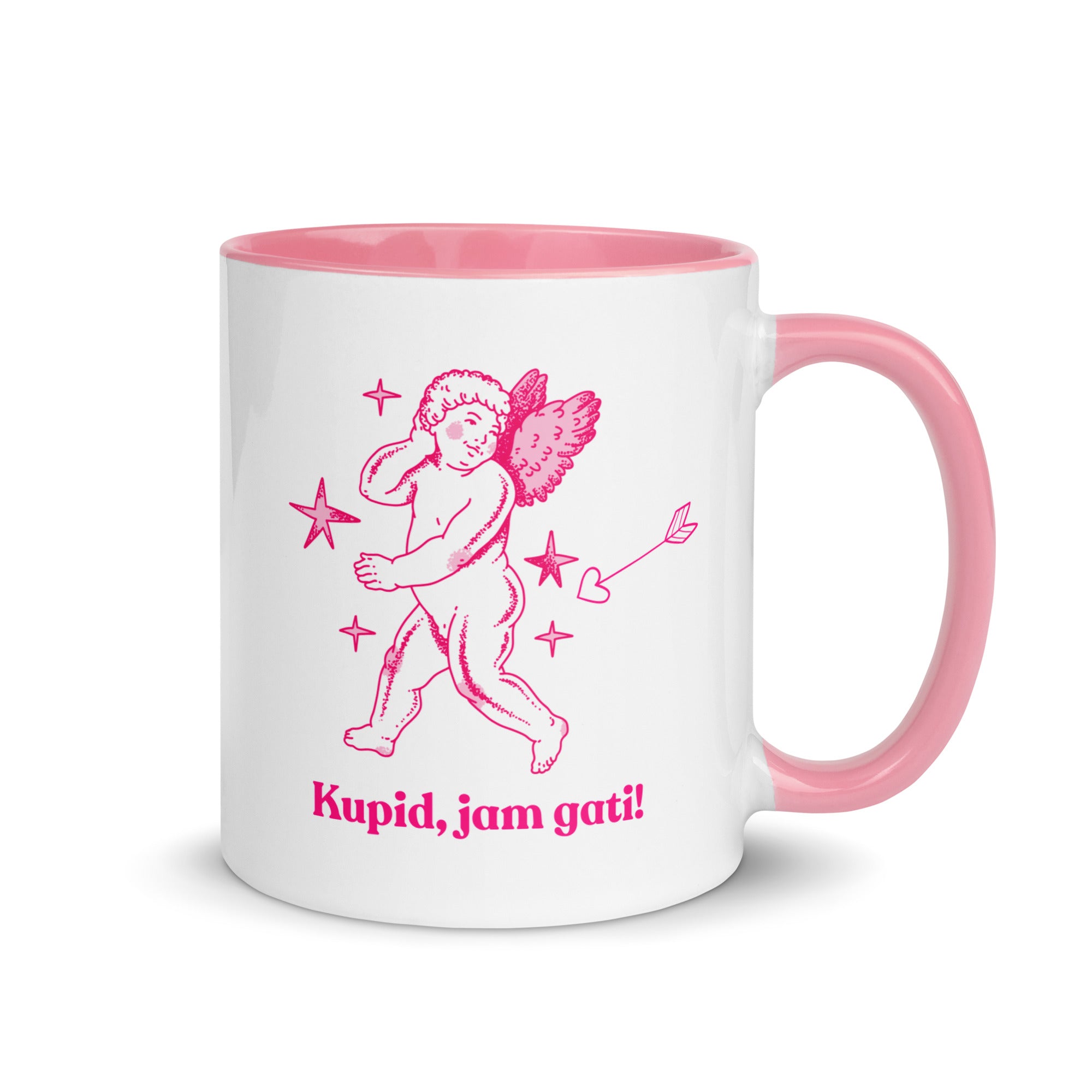 White mug with pink handle and interior featuring a cupid illustration and the Albanian phrase “Kupíd, jam gati!”