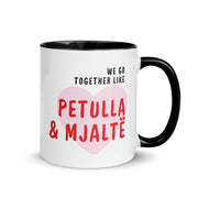 White mug with the text “We go together like petulla & mjaltë” inside a heart design.