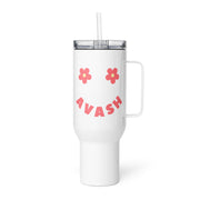 White Avash smiley face tumbler with pink retro lettering and floral design inspired by Albanian slow living culture