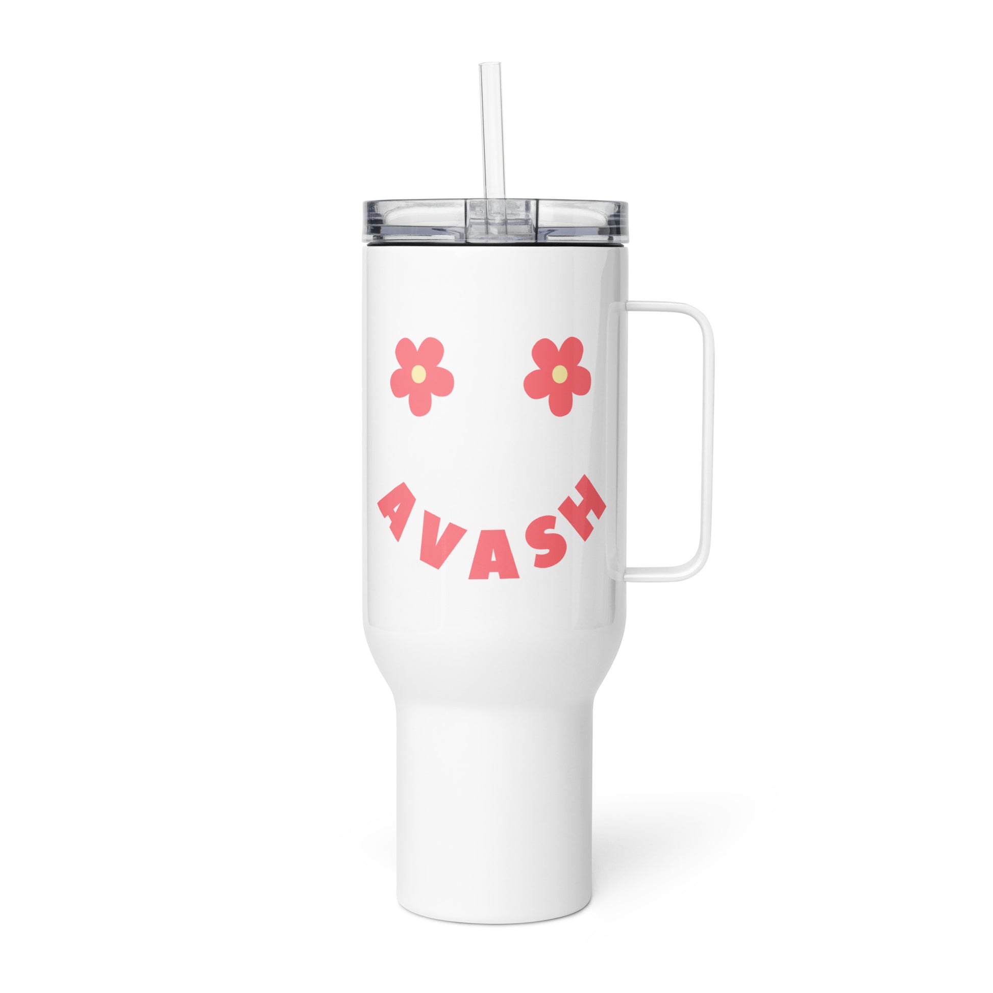 White Avash smiley face tumbler with pink retro lettering and floral design inspired by Albanian slow living culture