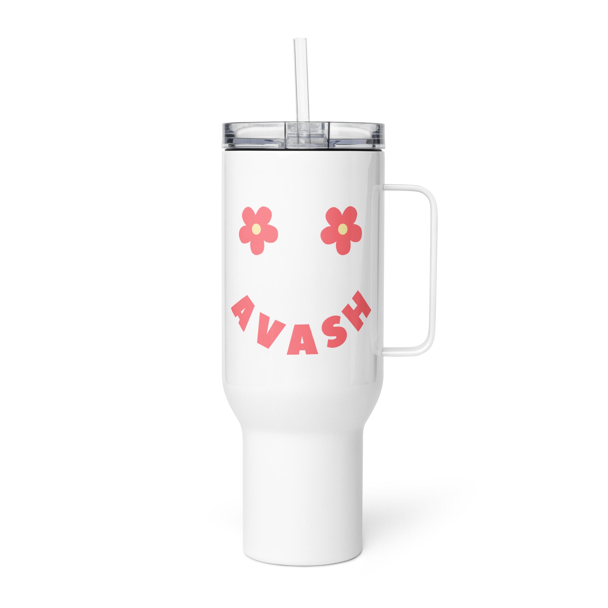 White Avash smiley face tumbler with pink retro lettering and floral design inspired by Albanian slow living culture
