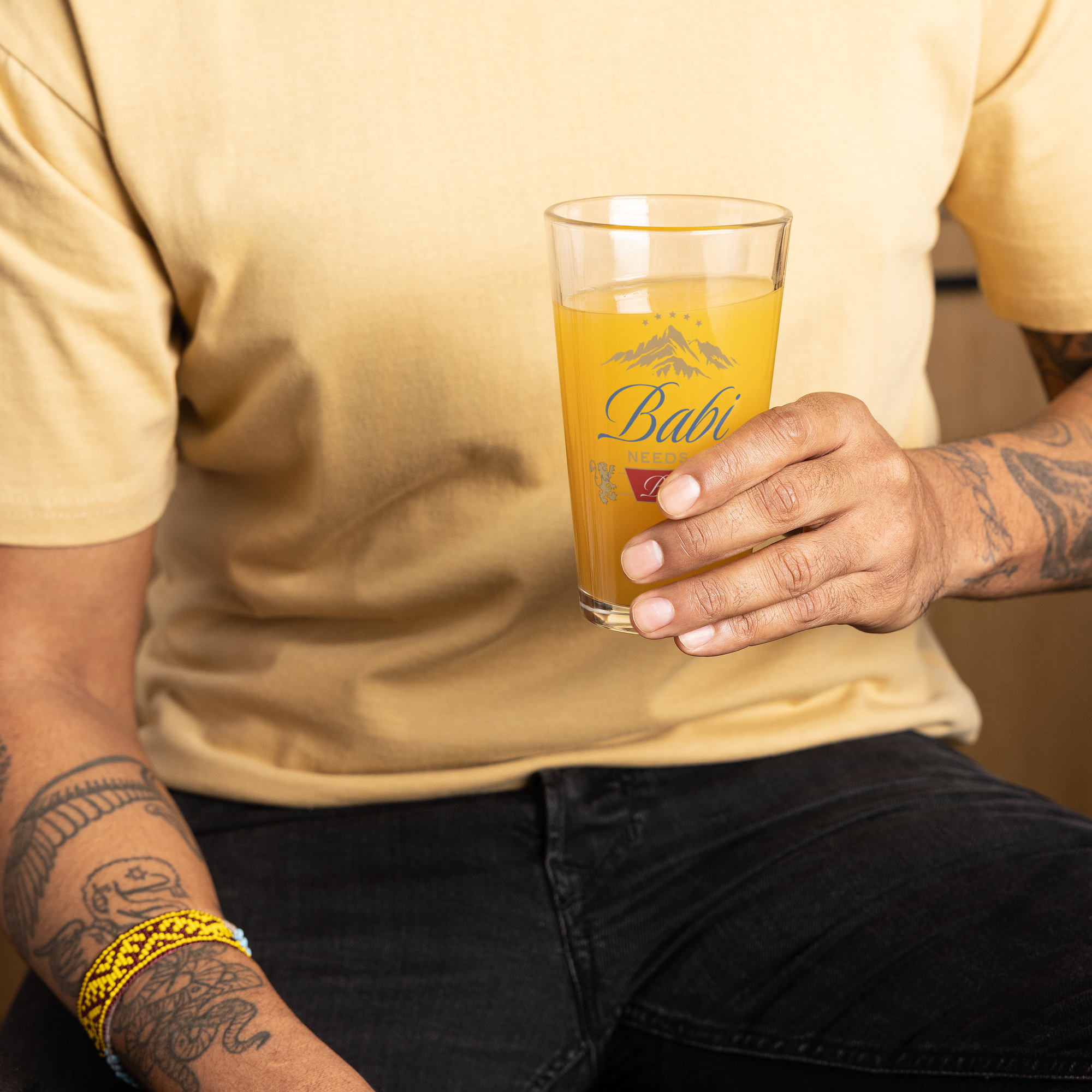 beer pint glass with babi needs a birrë albanian dad design and mountain graphic