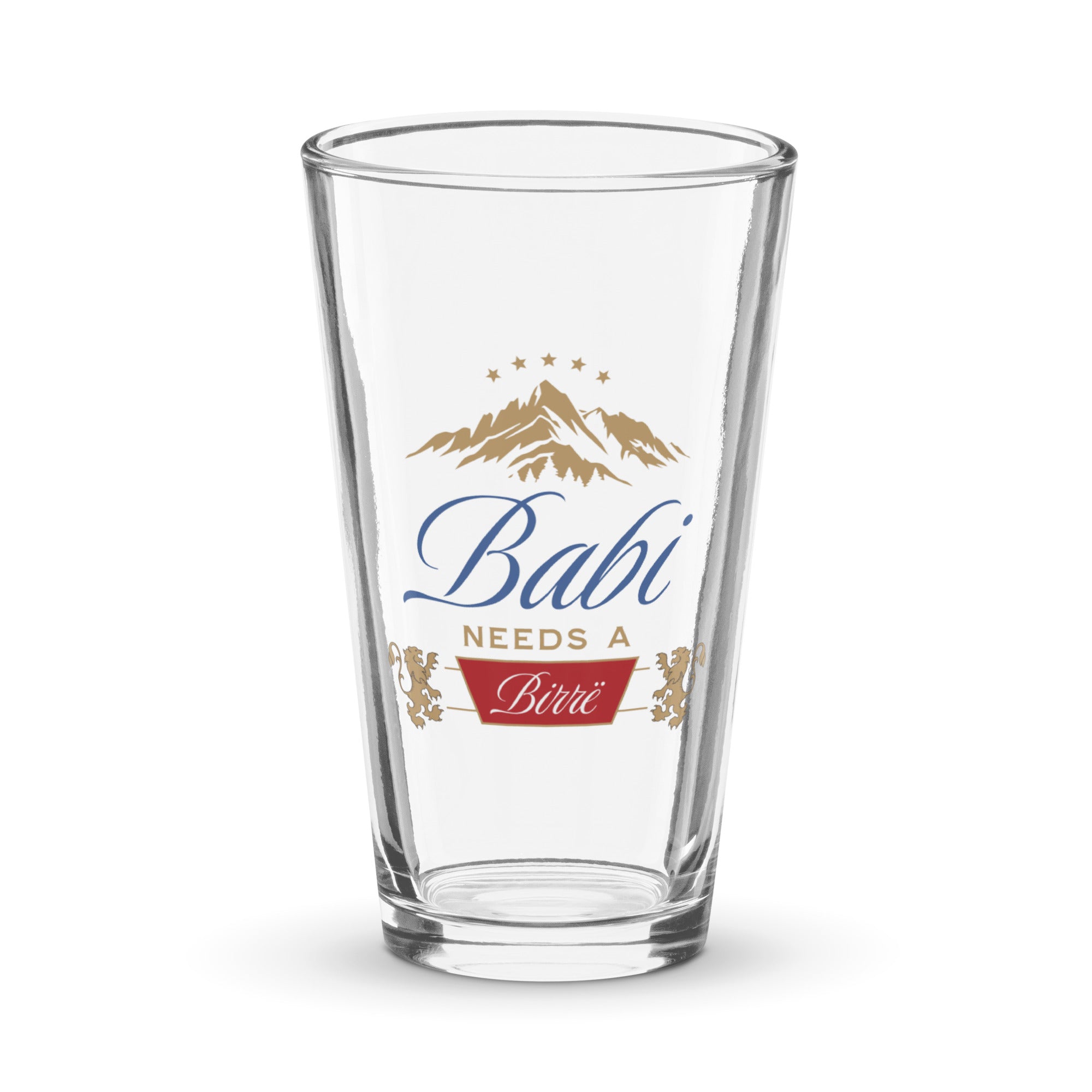beer pint glass with babi needs a birrë albanian dad design and mountain graphic