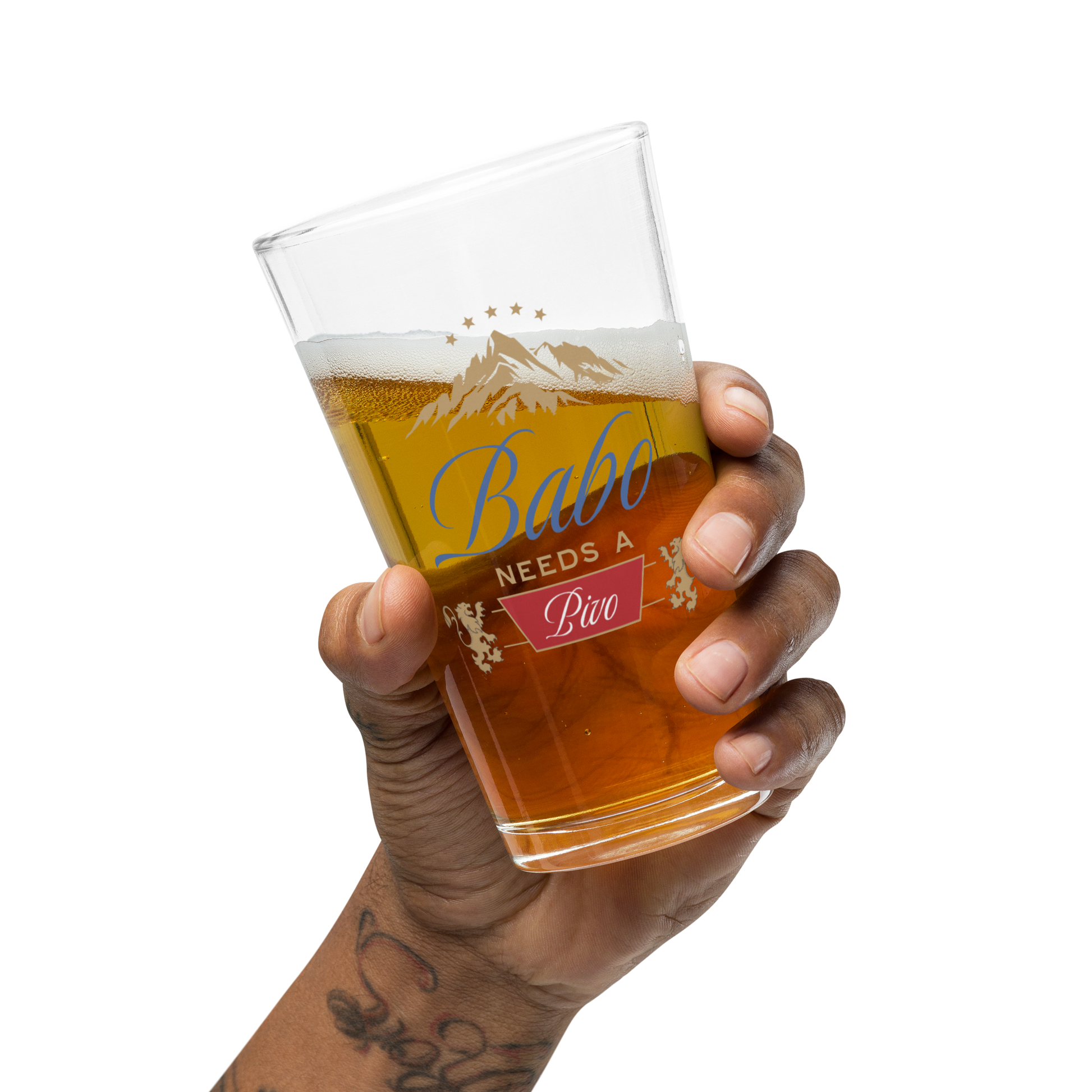 beer pint glass with babo needs a pivo bosnian dad design and mountain graphic