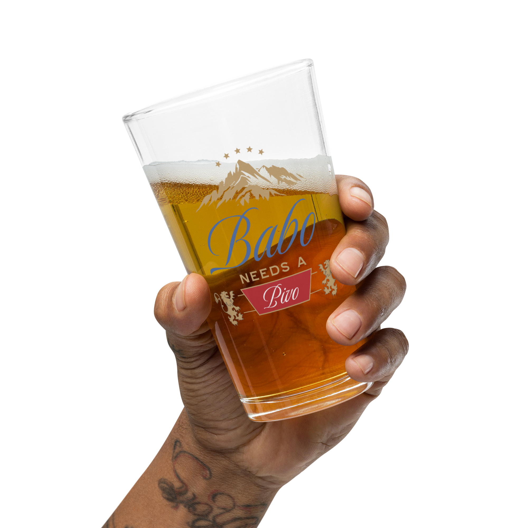 beer pint glass with babo needs a pivo bosnian dad design and mountain graphic
