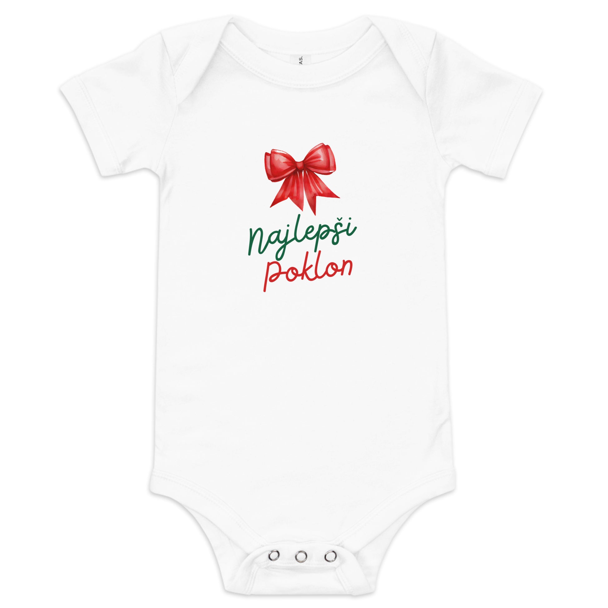 Serbian baby Christmas bodysuit with text Najlepši Poklon and red bow – Balkanish design