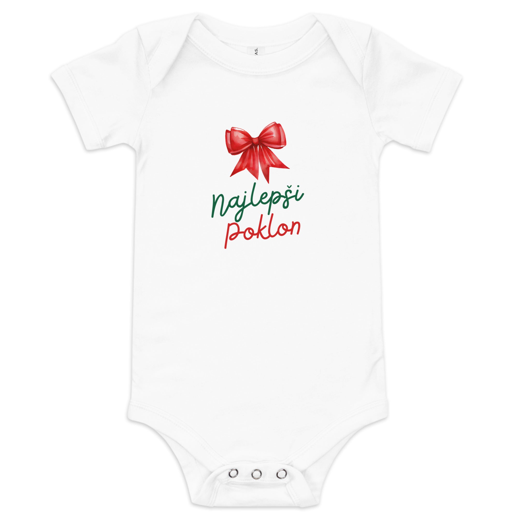 Serbian baby Christmas bodysuit with text Najlepši Poklon and red bow – Balkanish design