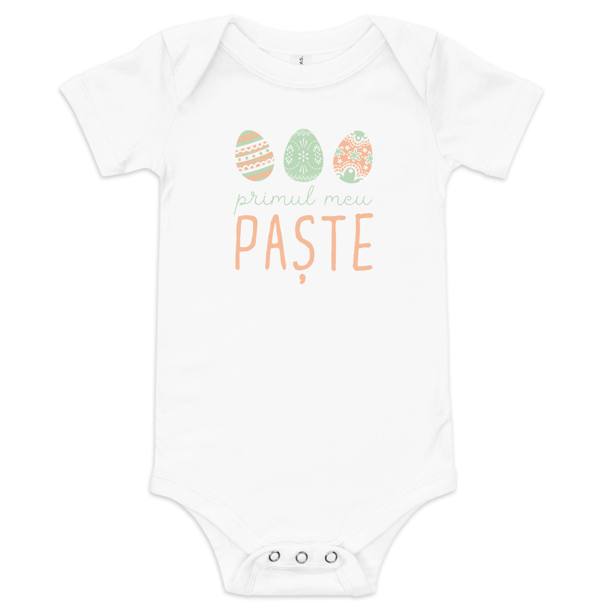 Romanian baby bodysuit with pastel Easter eggs and the phrase “Primul meu Paște” meaning My First Easter in Romanian