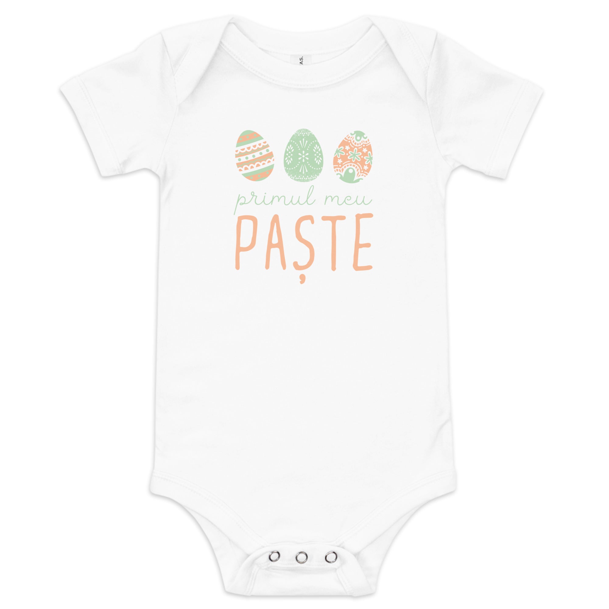 Romanian baby bodysuit with pastel Easter eggs and the phrase “Primul meu Paște” meaning My First Easter in Romanian