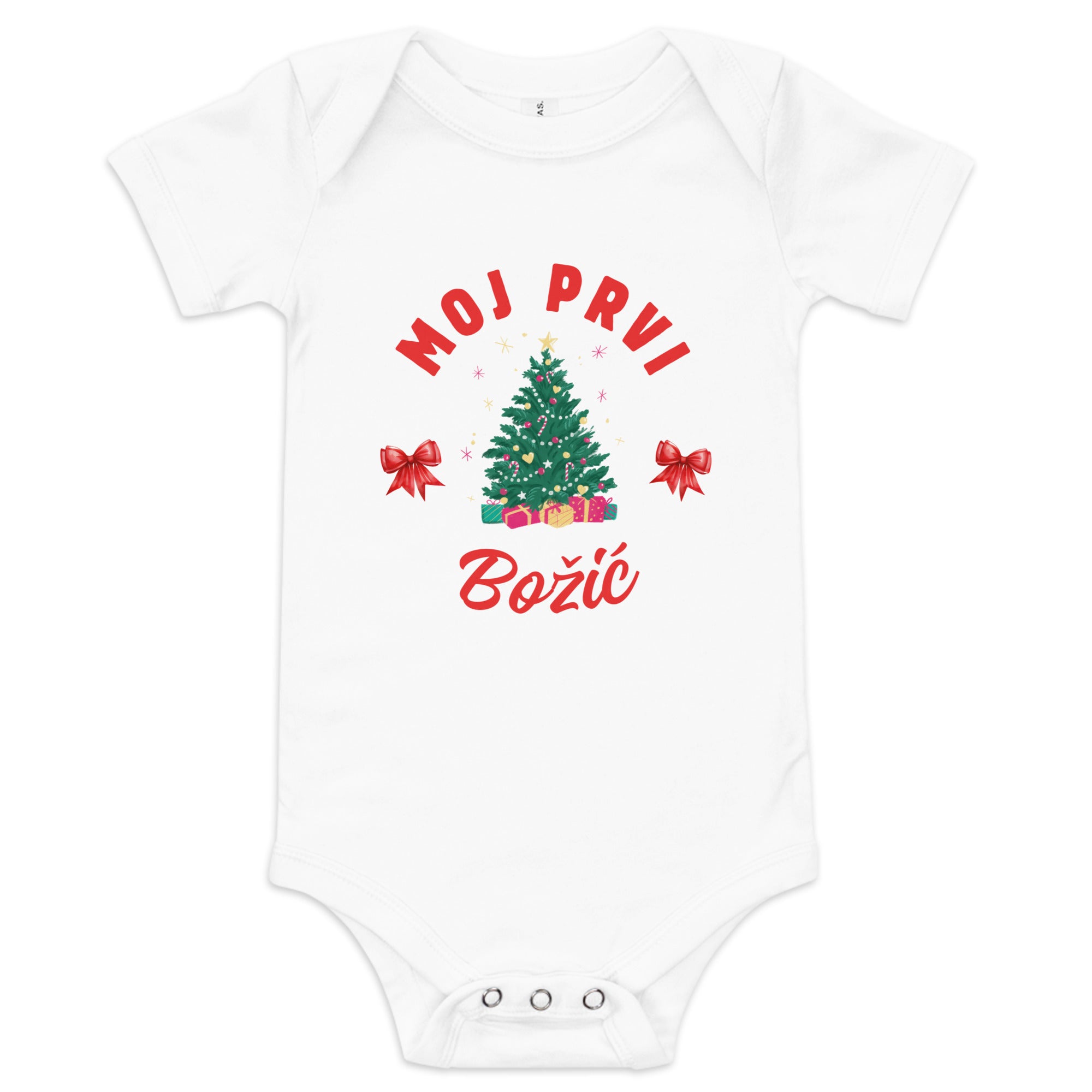 Balkan baby Christmas bodysuit with text Moj Prvi Božić – Balkanish design