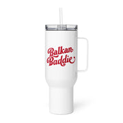Balkan Baddie insulated tumbler with minimalist red text design on white cup