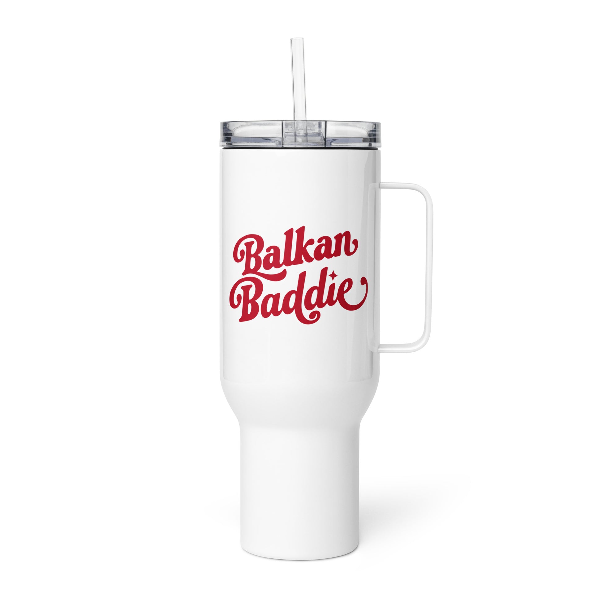 Balkan Baddie insulated tumbler with minimalist red text design on white cup
