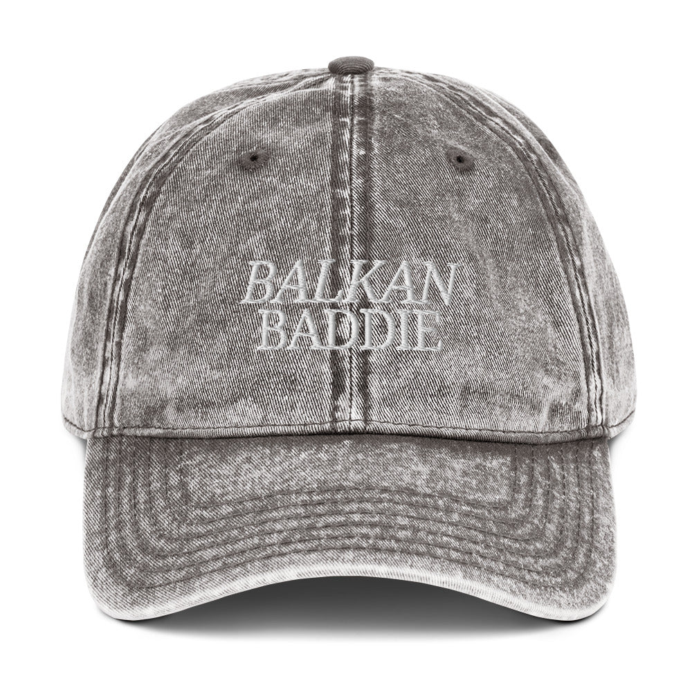 Balkan Baddie vintage grey embroidered hat front view