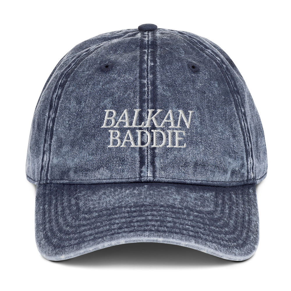 Balkan Baddie vintage navy embroidered hat front view