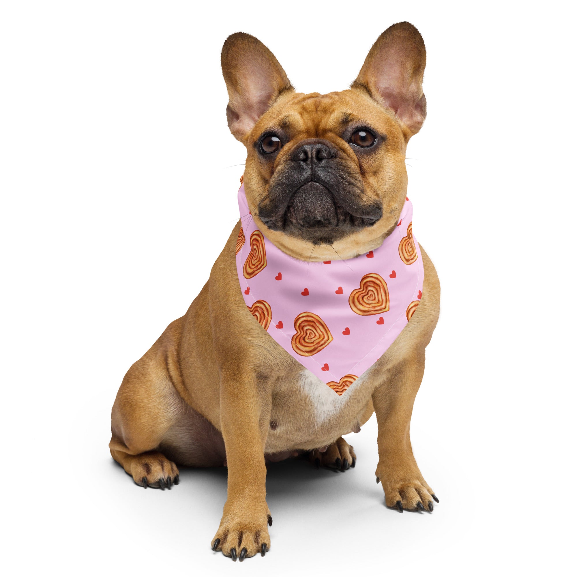 Dog bandana with heart-shaped burek illustrations in a repeating pattern.
