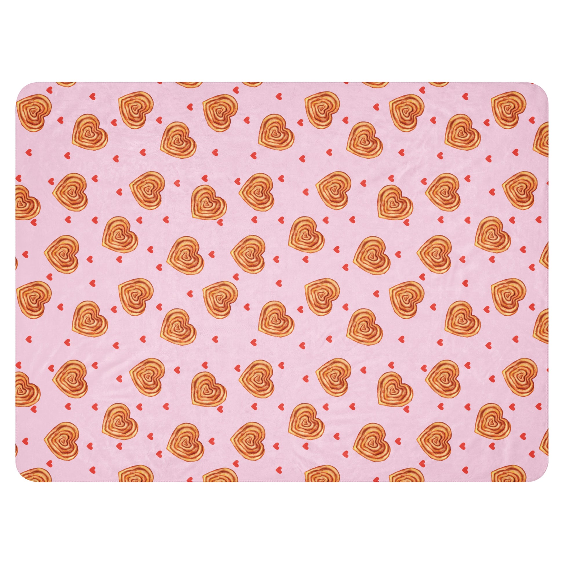 Sherpa blanket with heart-shaped burek illustrations in a repeating pattern.