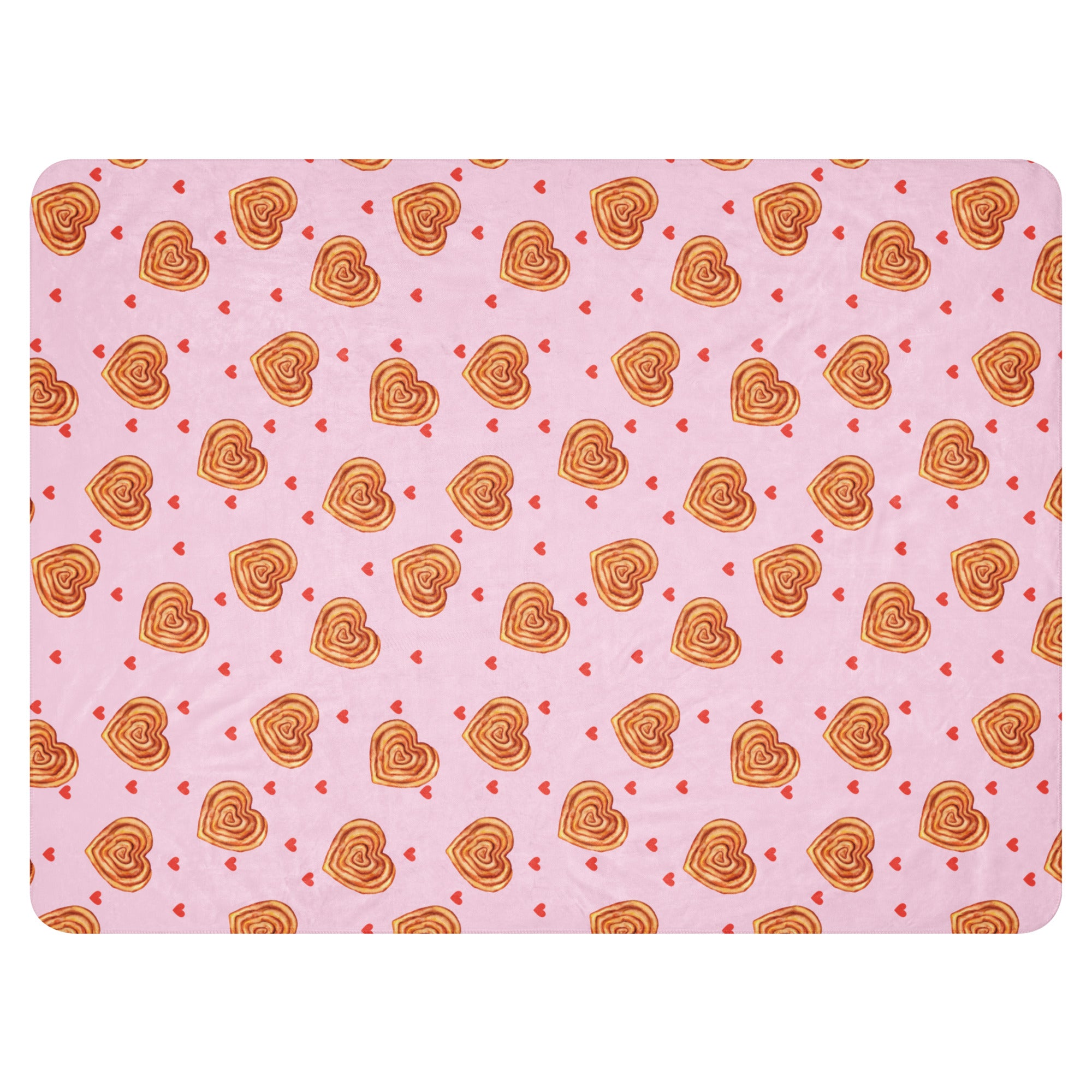 Sherpa blanket with heart-shaped burek illustrations in a repeating pattern.