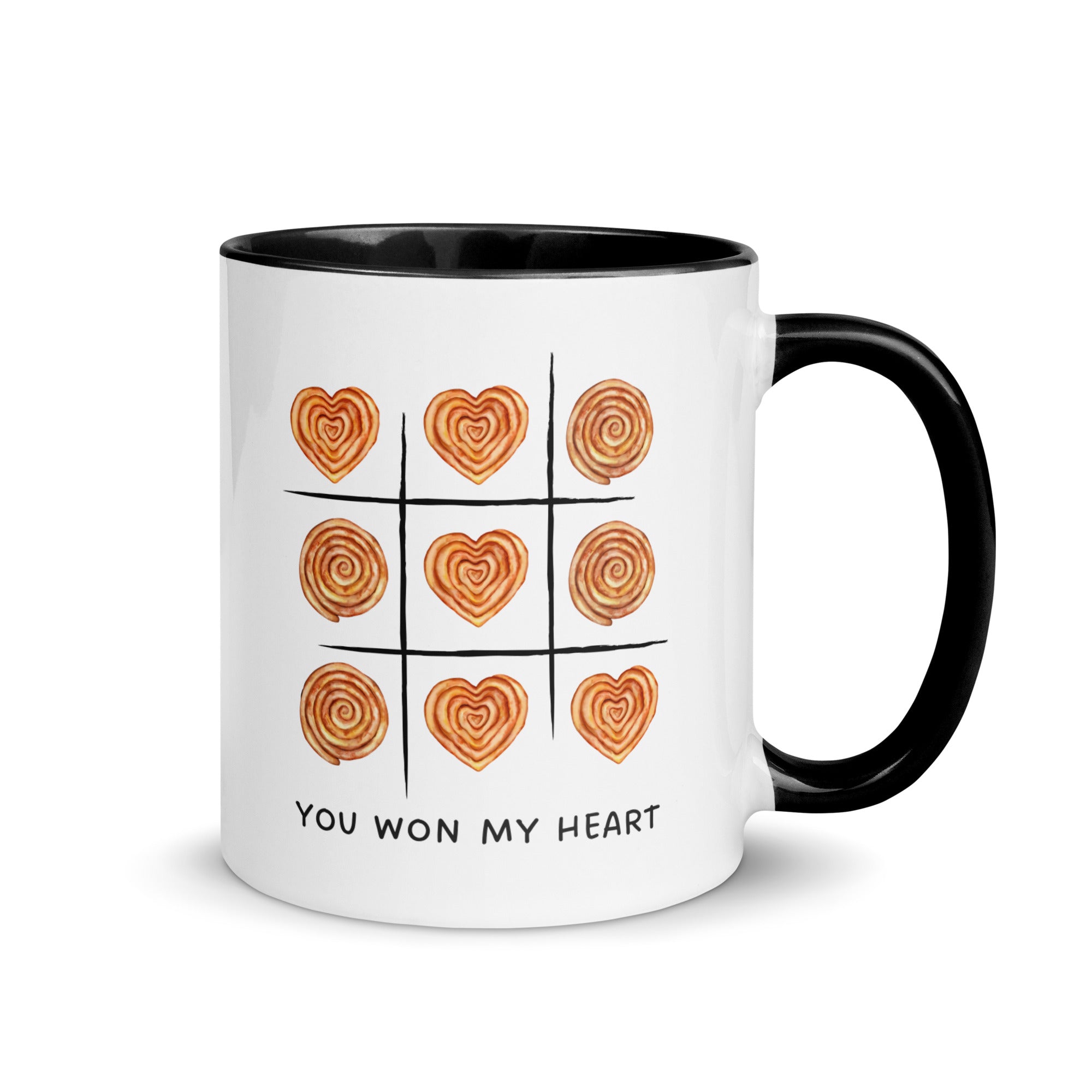 Tic tac toe mug with heart shaped burek pieces and the phrase “You Won My Heart”