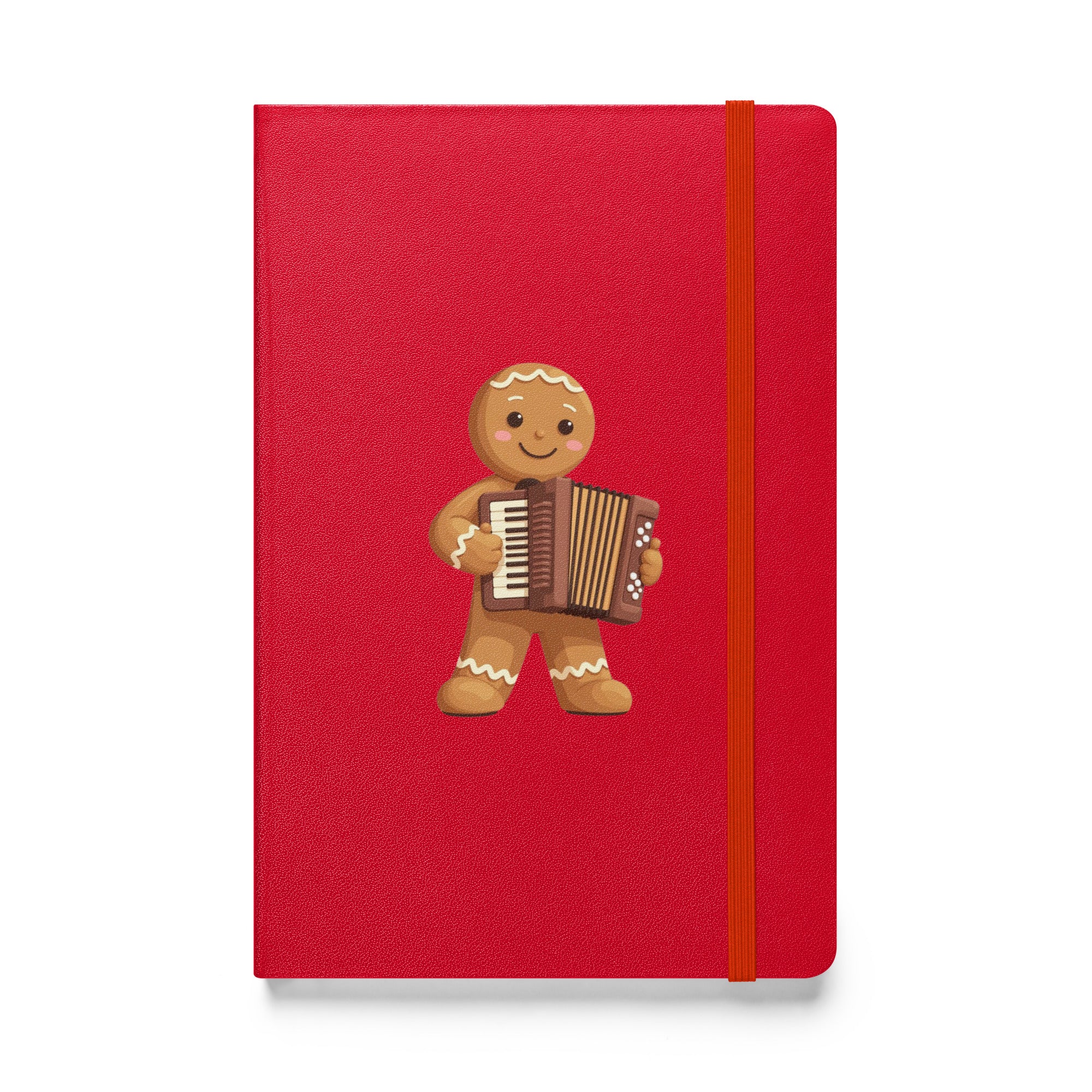 Balkan Christmas hardcover notebook with gingerbread accordion character on red cover — festive Balkan-inspired stationery by Balkanish