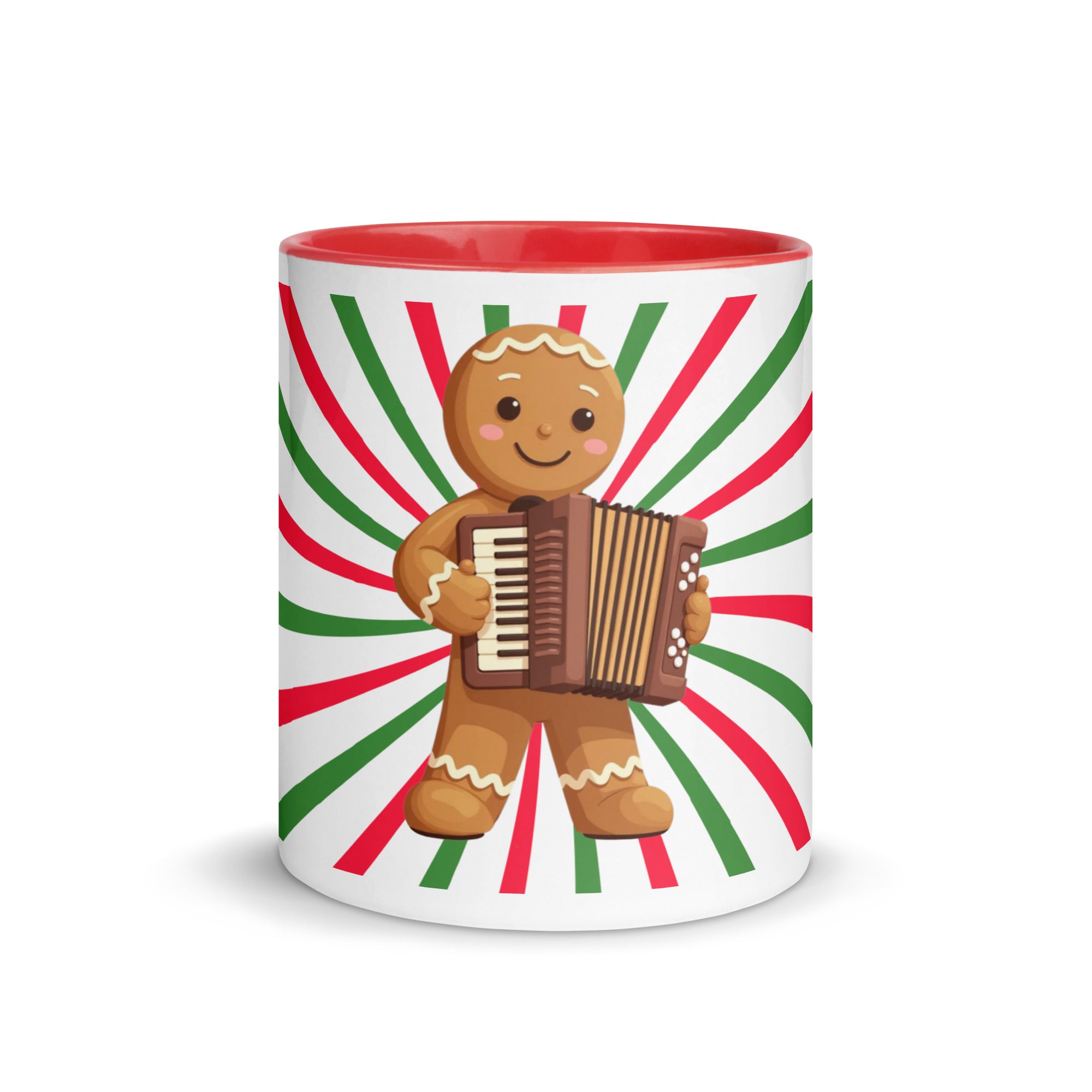 Balkan Christmas mug with gingerbread accordion design and red-green burst background