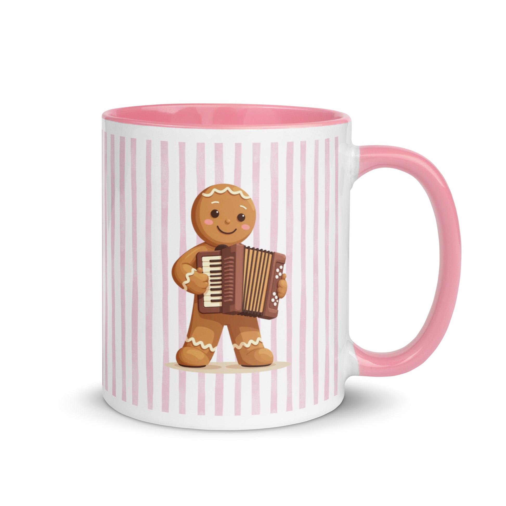 Balkan Christmas mug with gingerbread accordion player and pink stripe background – Balkanish design