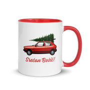 Balkan Christmas mug with red Yugo carrying Christmas tree and text Srećan Božić – Balkanish design