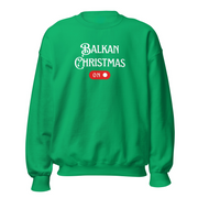 Black crewneck with “Balkan Christmas ON” toggle-style holiday design in white and red.