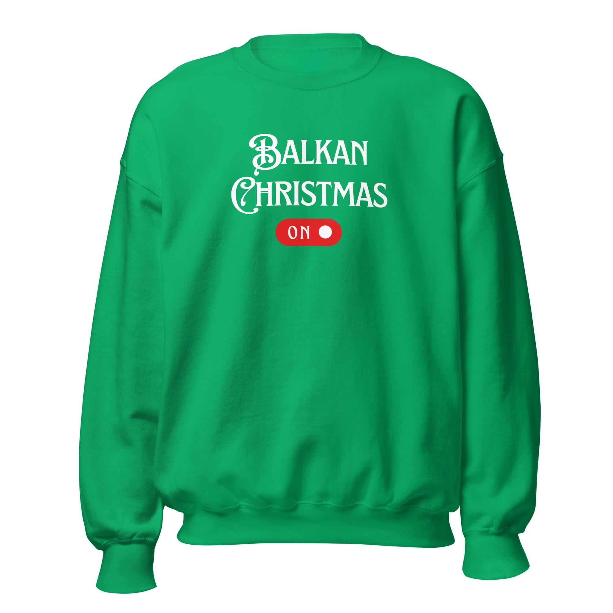 Black crewneck with “Balkan Christmas ON” toggle-style holiday design in white and red.