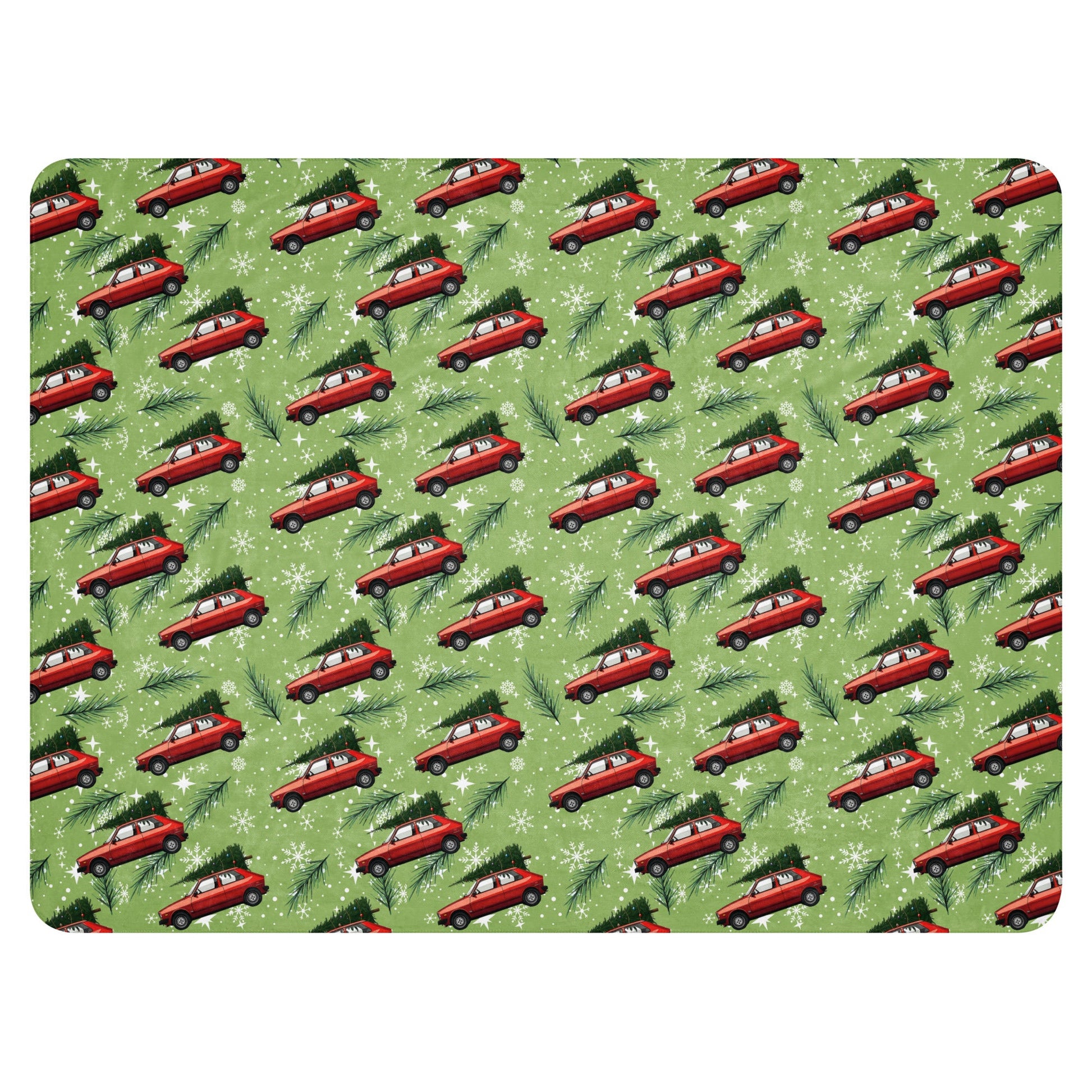 Green sherpa blanket featuring red Yugo cars carrying Christmas trees — Balkan Christmas design