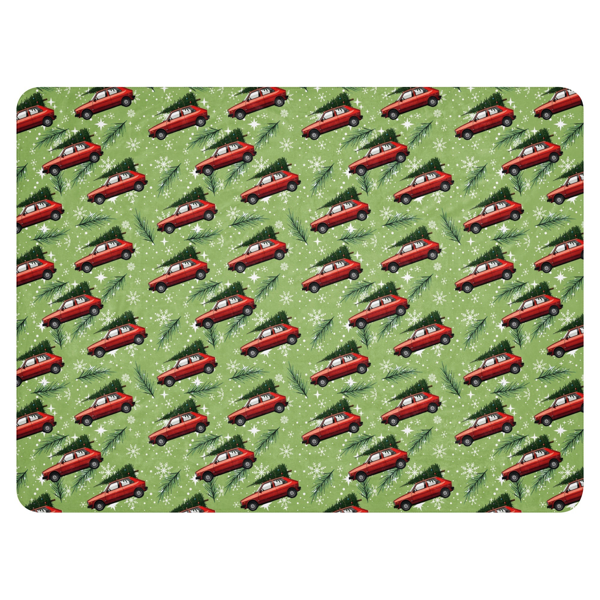 Green sherpa blanket featuring red Yugo cars carrying Christmas trees — Balkan Christmas design