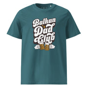 teal shirt with retro balkan dad club design and clinking beer mugs graphic
