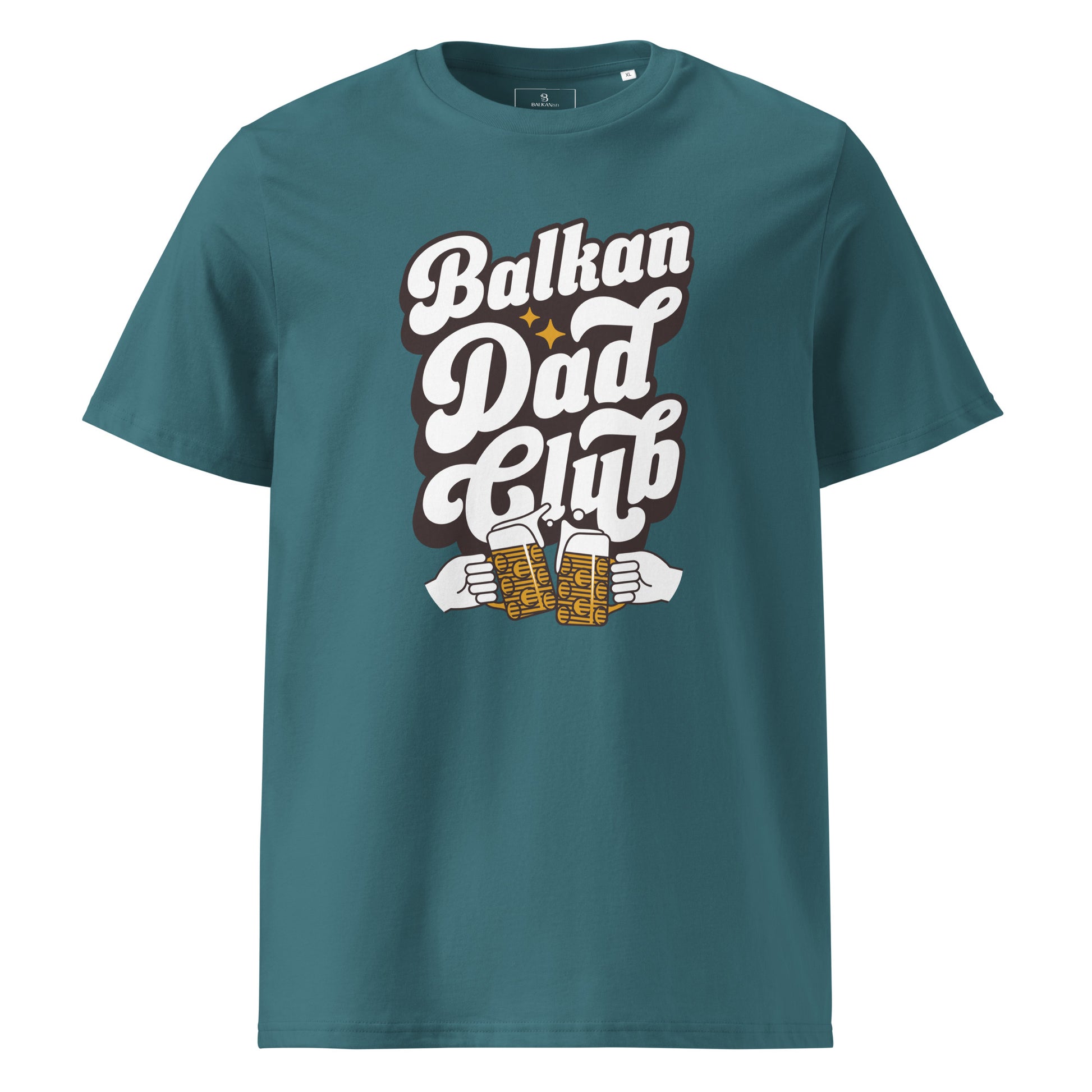 teal shirt with retro balkan dad club design and clinking beer mugs graphic