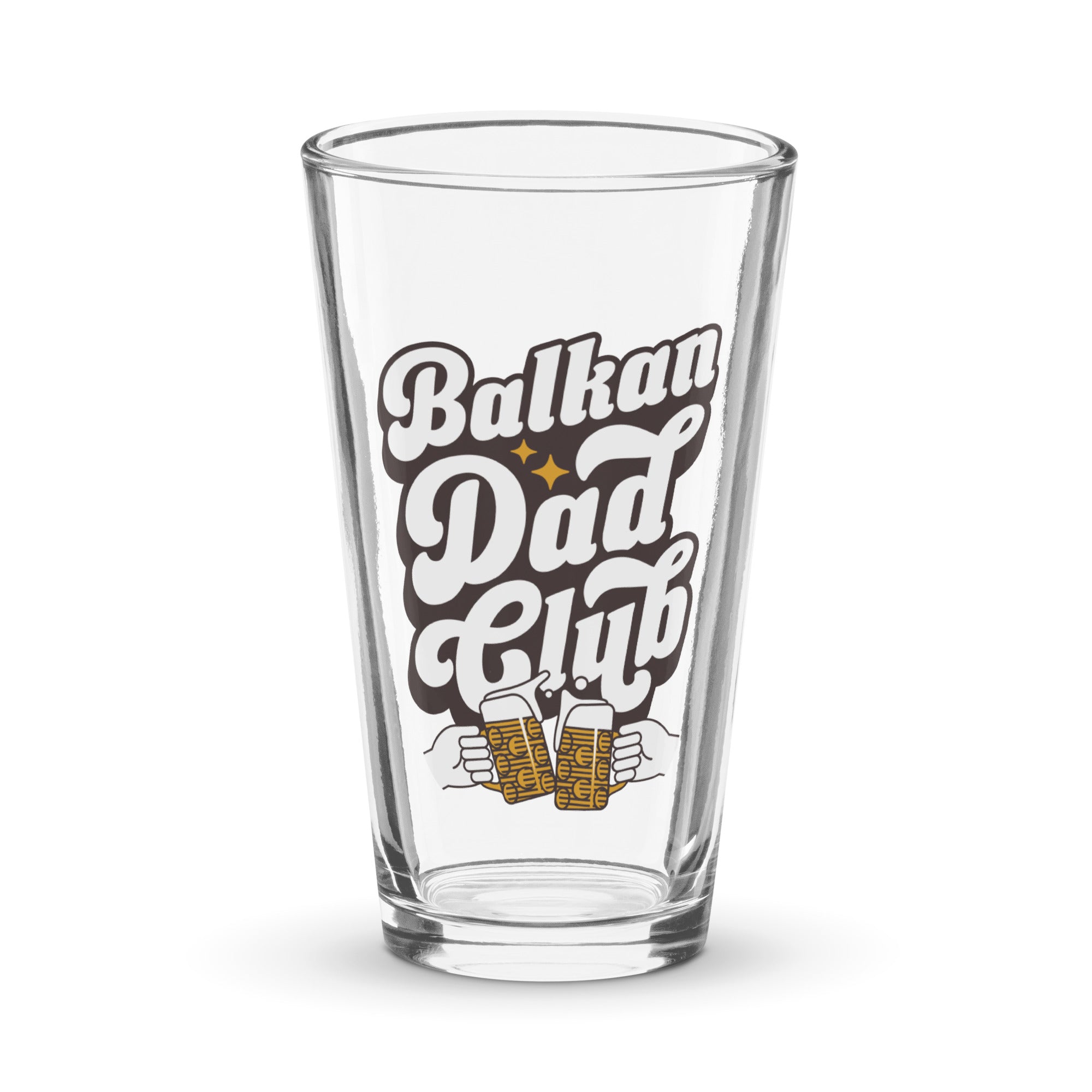clear pint glass with retro balkan dad club design and clinking beer mugs graphic