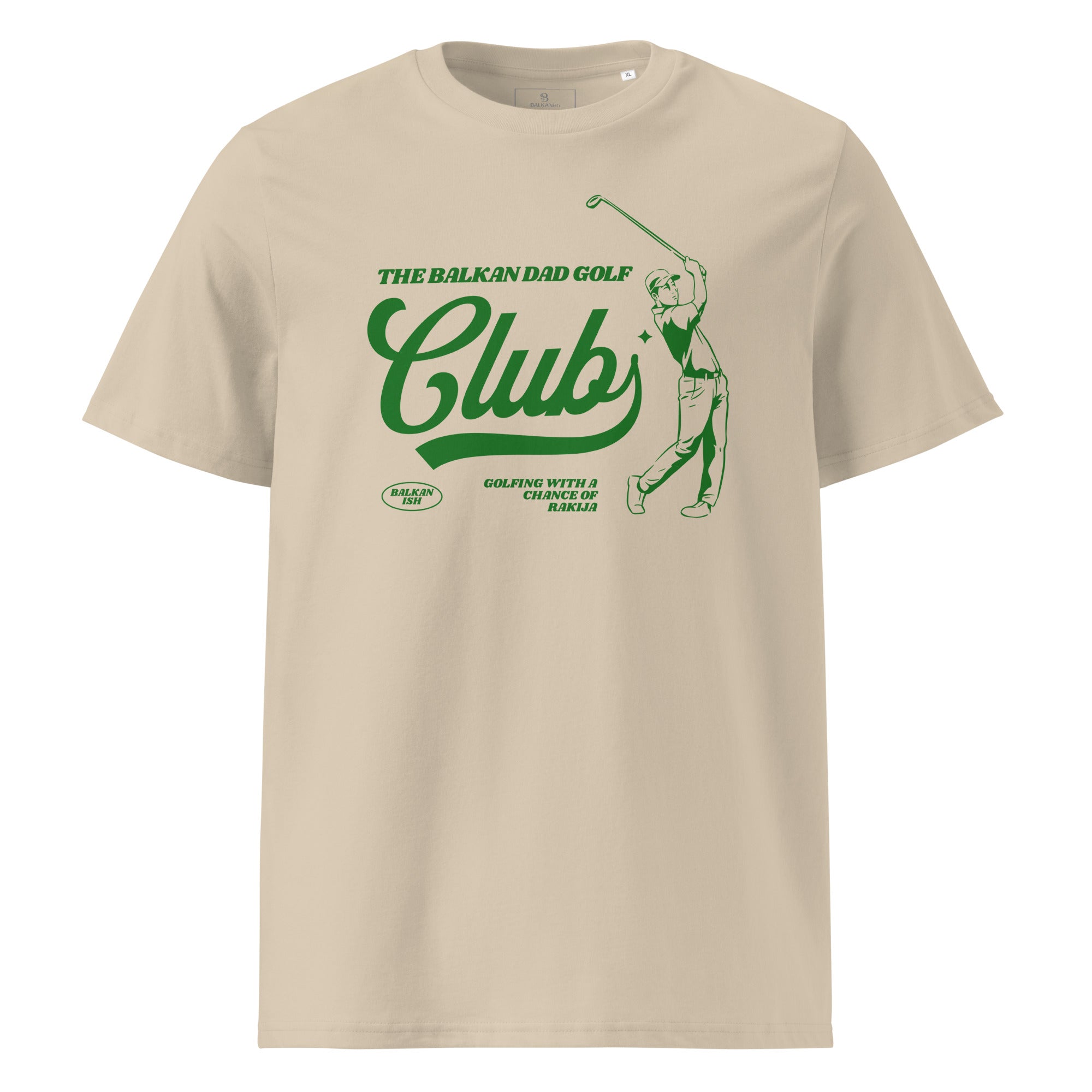 beige men's shirt with balkan dad golf club graphic and vintage golfer illustration